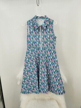 Sleeveless Blue Puppy-Print Activewear Dress Front Zip W Shorts Tennis Beachy
